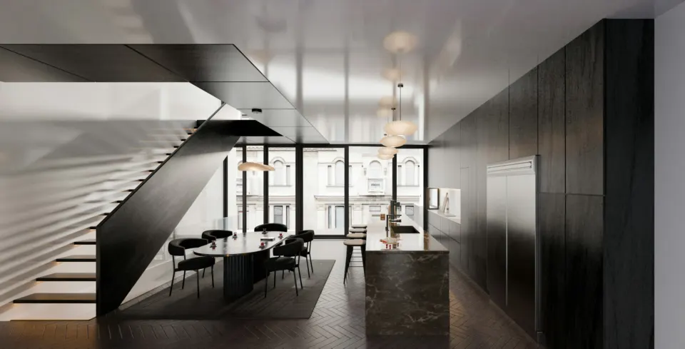 Minimal open-plan kitchen and dining area in dark tones